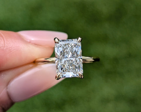 14K Yellow Gold 3.0 Radiant Lab Grown Diamond Engagement Ring with a Hidden Halo
