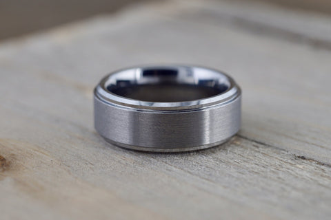Tungsten Carbide 8mm Brushed Finish Flat Row With Stepped Edge Men's Ring