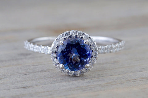 18k White Gold Round Cut Tanzanite Diamond Halo Wedding Engagement Promise Ring Anniversary Dainty Shank Purple Blue
