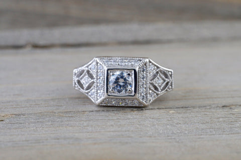 14k White Gold Diamond Vintage Milgrain Etch Etching Ring Antique Filigree Art Deco Design