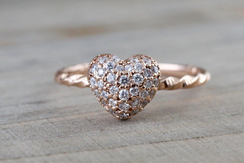 14k Rose Gold Diamond Puff Micro Pave Heart Anniversary Promise Love Ring Band Fashion