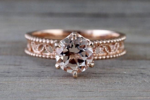 14k Rose Gold Round Morganite Diamond Ring Crown Vintage Design