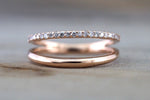 14k Rose Gold Stack Design Dainty Thin Band and Diamond Ring Wedding Engagement Band Brilliant Cut Ring Double Row Curve Open