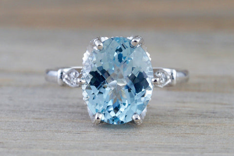 Aquamarine set on 14k White Gold With Round Cut Diamonds Art Deco Vintage Design Ring Anniversary Engagement 11x9mm
