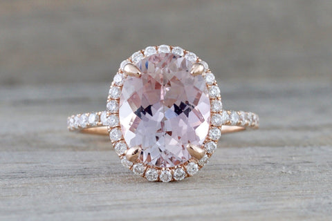 14k Rose Gold Oval Morganite And Diamond Halo Dainty Eternity 3/4 Engagement Ring Vintage Crown Dainty