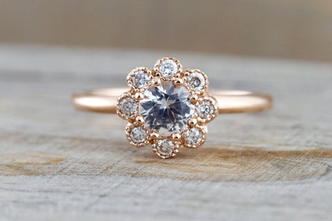 14k Rose Gold Round White Sapphire Diamond Halo Engagement Ring Band Floral Flower