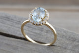 14k Yellow Gold Aquamarine Diamond Halo Engagement Love Anniversary Ring Art Deco Vintage Love Promise