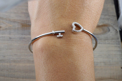 SALE 14k White Gold Diamond Heart Key Open Bangle Cuff Bracelet Love