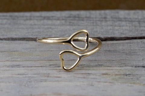 14k Yellow Gold Double Open Heart Adjustable Pinky Knuckle Ring Love