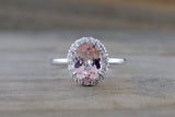 14k White Gold Oval Morganite Peach Beige Diamond Halo Engagement Ring Vintage 10mm
