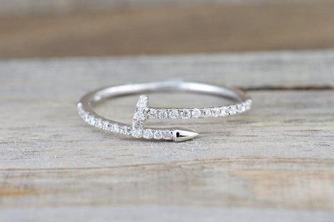 14k Solid White Gold Diamond Nail Fashion Ring Band Dainty Stackable Stacking