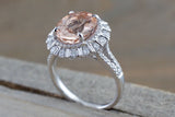 18k White Gold Oval Pink Peach Morganite Diamond Halo Split Shank Engagement Promise Wedding Anniversary Ring 11x9