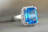 14k White Gold Blue Topaz Large Emerald Shape Diamond Halo Trillion Engagement Anniversary Ring