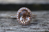 18k Rose Gold Oval Morganite Peach Beige Diamond Halo Engagement Ring Vintage 10x7mm