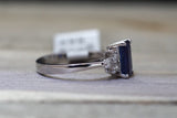 18k White Gold Emerald Shape Cut Blue Sapphire Diamond Engagement Promise Ring Anniversary Halo Vintage Art Deco
