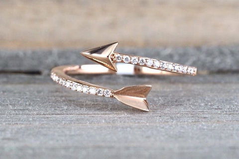 14k Solid Rose Gold Diamond Arrow Open Fashion Ring Band Love Dainty Stackable Loop Catch Stacking