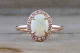 14k Rose Gold Oval Fire Opal Diamond Halo Engagement Love Anniversary Ring Art Deco Vintage Love Promise