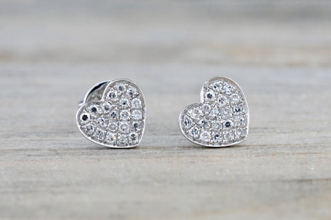 14k White Gold Disk Design Heart Diamond Earrings Stud Post Studs Round Micro Pave Flat