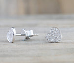 14k White Gold Disk Design Heart Diamond Earrings Stud Post Studs Round Micro Pave Flat