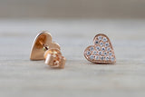 14k Rose Gold Disk Design Heart Diamond Earrings Stud Post Studs Round Micro Pave Flat