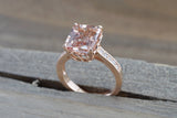14k Rose Gold EMERALD Cut Pink Peach Morganite Diamond Engagement Promise Ring Rope Bead Vintage