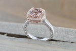 8mm 14k Rose and White Gold Cushion Halo with Round Pink Peach Morganite Engagement Promise Ring Rope Bead Vintage
