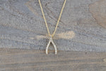14k Yellow Gold Wish Bone Pave Diamond Dainty Pendant Charm with necklace chain