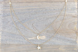 14k Yellow Gold Double Chain Moon and Star Micro Pave Diamond Necklace 16" 17" 18" Chain