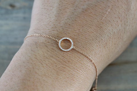 14k Solid Rose Open Circle Round Micro Pave Diamond Infinite Charm Bracelet Dainty Love Gift Fashion Thin