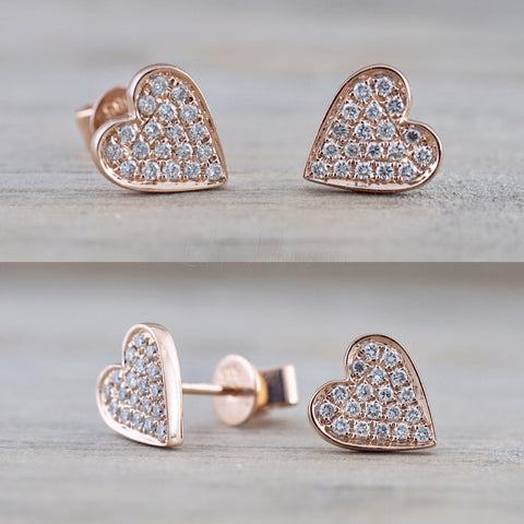 14k Rose Gold Disk Design Heart Diamond Earrings Stud Post Studs Round Micro Pave Flat