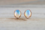 14k Rose Gold Oval Diamond Halo Opal Earring Studs Earrings