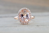14k Rose Gold Elongated Oval Pink Peach Morganite Diamond Halo Engagement Promise Ring Rope Bead Vintage