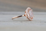 14k Rose Gold Elongated Oval Pink Peach Morganite Diamond Halo Engagement Promise Ring Rope Bead Vintage