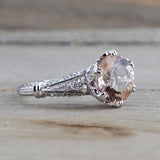 18k White Gold Vintage Art Deco Round Peach Pink Morganite Diamond Engagement Anniversary Ring Crown