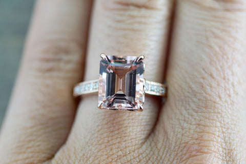 14k Rose Gold EMERALD Cut Pink Peach Morganite Diamond Engagement Promise Ring Rope Bead Vintage