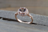 14k Rose Gold Vintage Diamond 7mm Morganite Engagement Promise Ring Rope Bead Vintage Art Deco