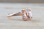 Cushion Morganite set on 14k Rose Gold Diamond Halo Engagement Ring