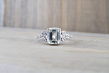 14k White Gold Bezel Emerald Cut Green Amethyst with Diamond Engagement Wedding Ring
