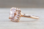 Cushion Morganite set on 14k Rose Gold Diamond Halo Engagement Ring