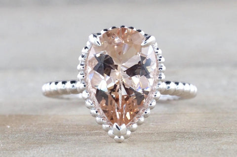 Gold Peach Pink Pear Morganite Bead Halo Ring M3061