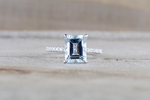 14k White Gold Emerald Cut Aquamarine Aqua Solitaire Engagement Ring
