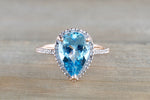 14k Rose Gold Pear Shape Blue Topaz set in a Diamond Halo Engagement Ring Love Engagement Promise 12x9mm