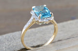14k Yellow Gold Vintage Style Emerald Blue Topaz Diamond Halo Engagement Ring