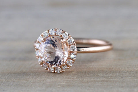 Round Diamond Halo Morganite Ring 7mm