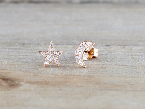 Moon and Star Micro Pave Diamond Stud Earrings