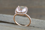 14k Rose Gold Cushion Square Cut Pink Peach Morganite Diamond Halo Ring