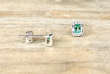 14k White Gold Diamond and Emerald Halo Earrings Rectangle