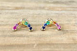 14k Yellow Gold Rainbow U Shape Multi Color Sapphire Ruby Emerald Earrings