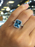 14k White Gold Diamond Pave Emerald Blue Topaz Ring