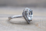 14k White Gold Blue Aquamarine Aqua Pear Shape Halo Diamond Wedding Engagement Promise Ring Teardrop Vintage Dainty Love